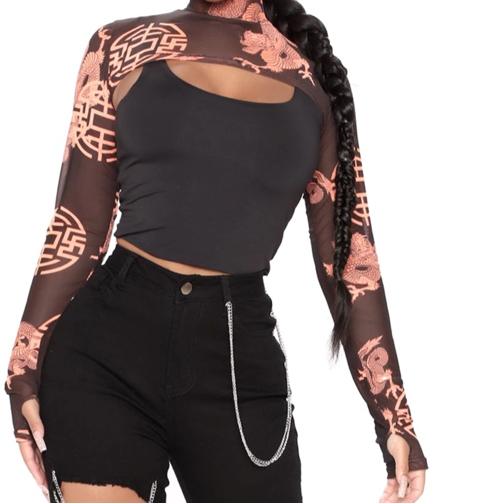 Black & orange dragon crop shirt